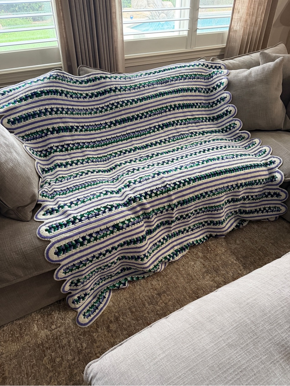 Handmade Crochet Afghan Blanket 68β x 68β Blue Green Purple Cream Granny Stripe